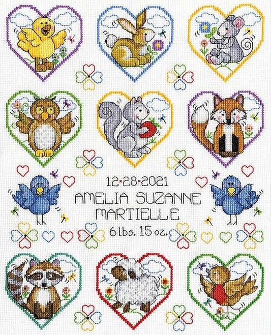Animal Heart Birth Sampler Cross Stitch Kit By Design Works