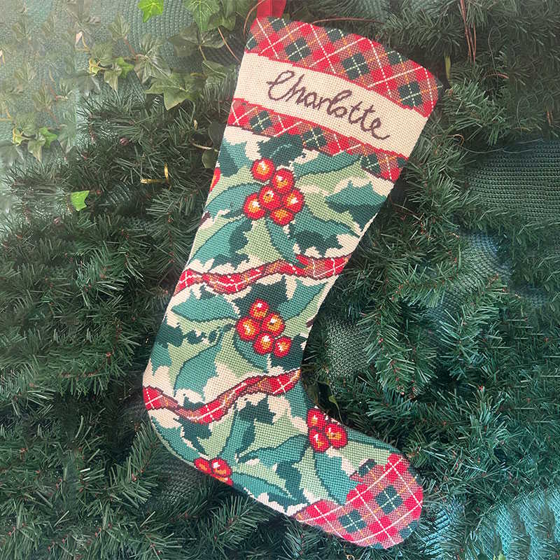 Holly and Tartan Christmas Stocking Tapestry Needlepoint Kit by Glorafilia