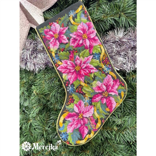 Pink Poinsettia Stocking Cross Stitch Kit by Merejka