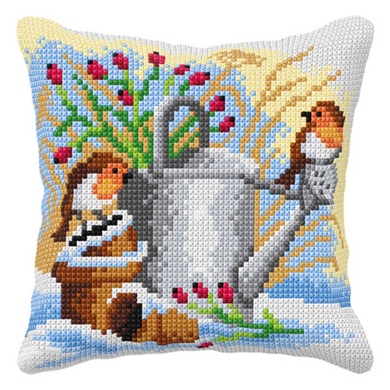 Birds on the Watering Can Printed Cross Stitch Cushion Kit by Orchidea