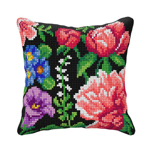 Flowers on Black Background Printed Cross Stitch Cushion Kit by Orchidea