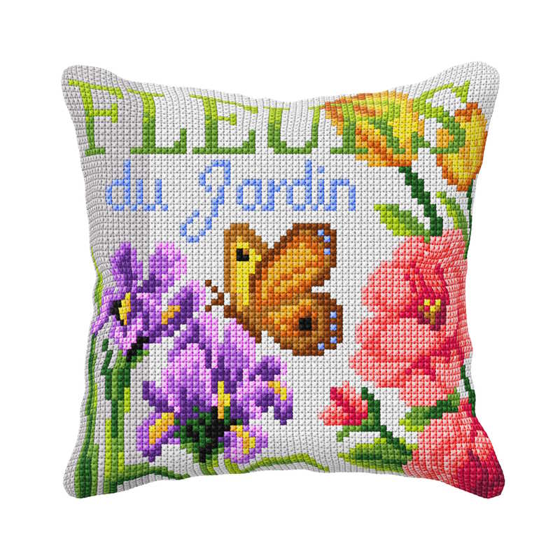 Butterfly, Irises and Rose Printed Cross Stitch Cushion Kit by Orchidea