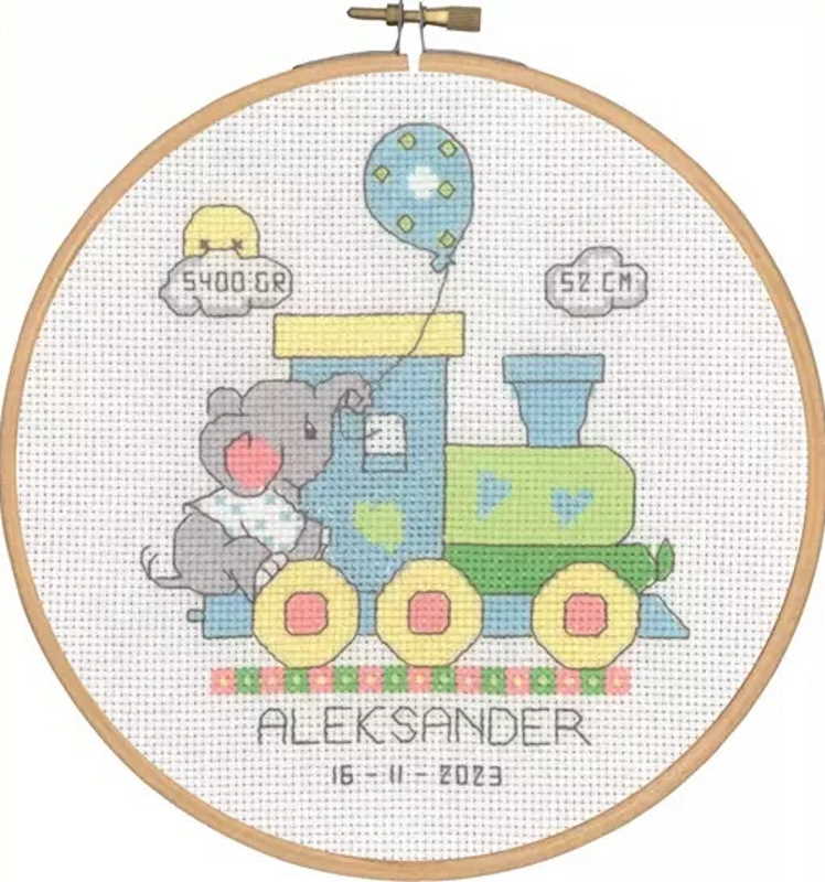 Baby Train Birth Sampler Cross Stitch Kit by Permin