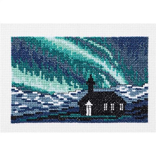 Church in northern lights cross stitch kit by permin