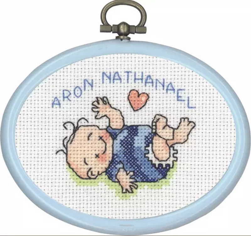 New Baby Mini Birth Sampler Cross Stitch Kit by Permin - blue