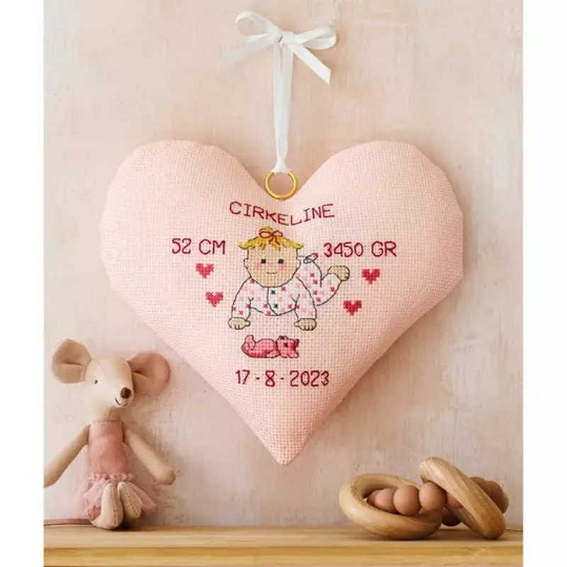 Baby Heart Birth Sampler Cross Stitch Kit by Permin - pink