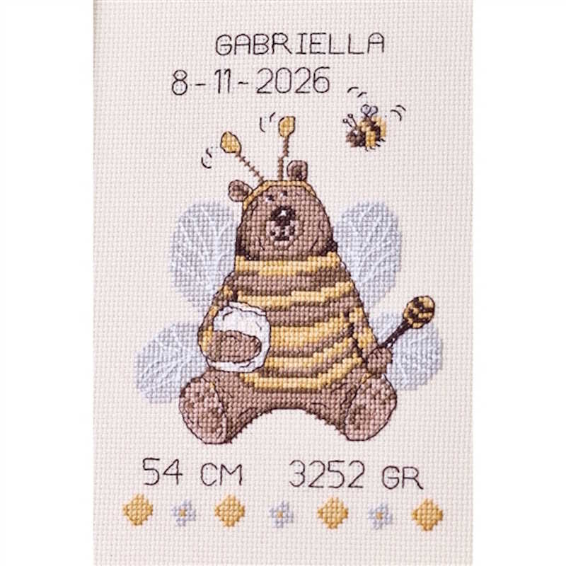 Teddy Bear Bee Birth Sampler Cross Stitch Kit by Permin
