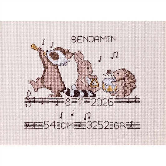 Musical Animal Birth Sampler Cross Stitch Kit by Permin