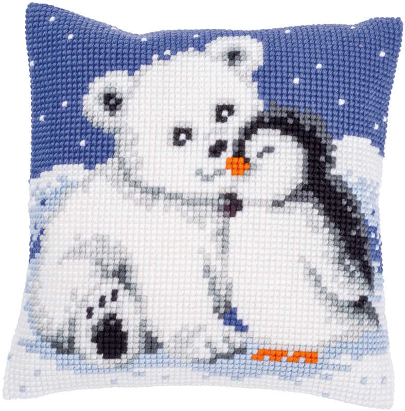 Polar Bear and Penguin Printed Cross Stitch Cushion Kit by Vervaco
