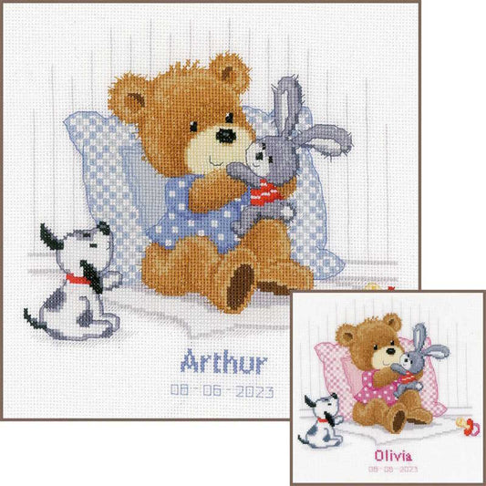 Bear, Rabbit and Dog Birth Sampler Cross Stitch Kit By Vervaco