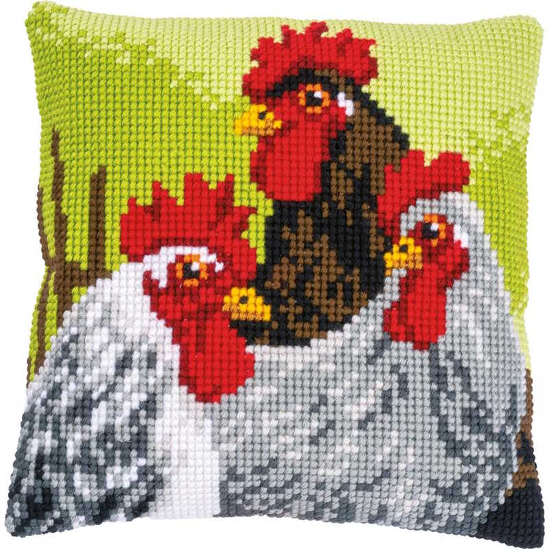 Rooster and Chickens Printed Cross Stitch Cushion Kit by Vervaco