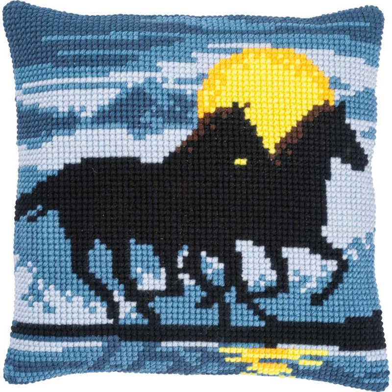 Horses in Moonlight Printed Cross Stitch Cushion Kit by Vervaco