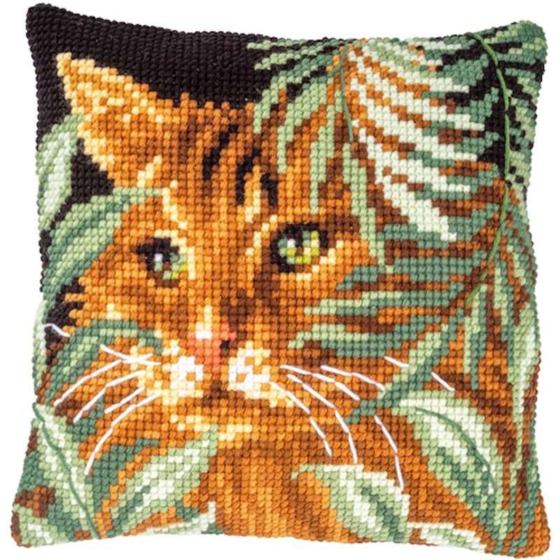 Cat Between Leaves Printed Cross Stitch Cushion Kit by Vervaco