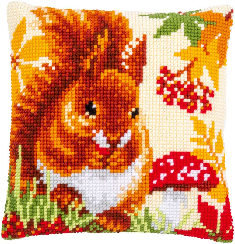 Squirrel in Autumn Printed Cross Stitch Cushion Kit by Vervaco