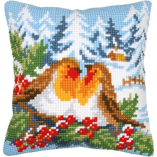 Robins in Winterland Printed Cross Stitch Cushion Kit by Vervaco