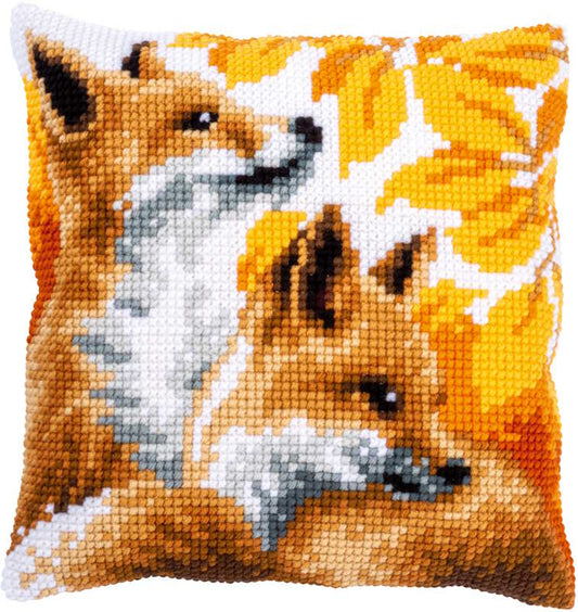 Foxes in Autumn Printed Cross Stitch Cushion Kit by Vervaco