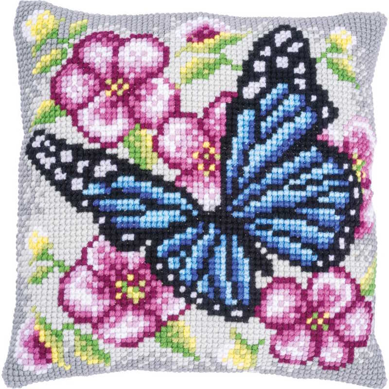 Butterfly Among Flowers Printed Cross Stitch Cushion Kit by Vervaco