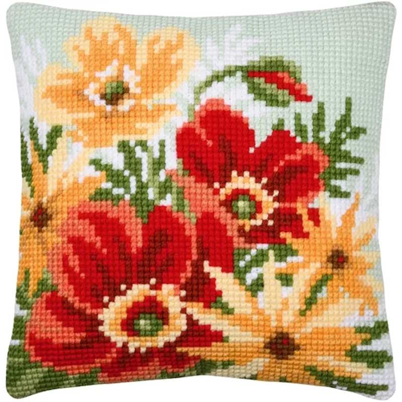 Poppy Bouquet Printed Cross Stitch Cushion Kit by Vervaco