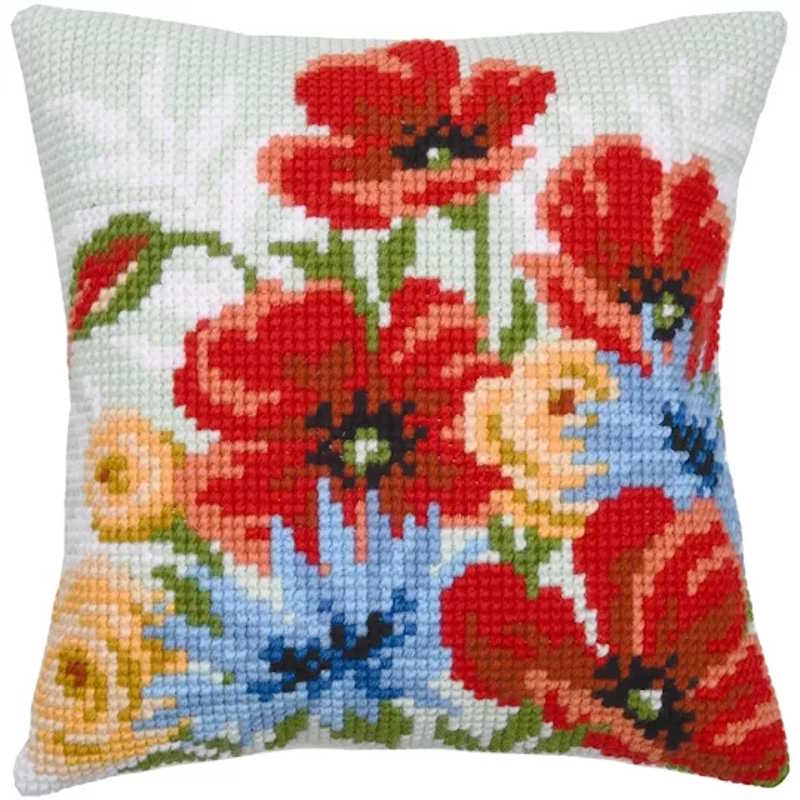 Poppy and Cornflower Printed Cross Stitch Cushion Kit by Vervaco
