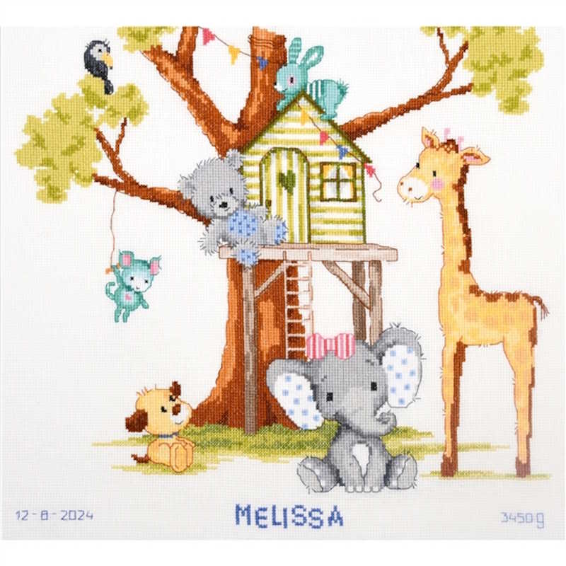 At the Tree House Birth Sampler Cross Stitch Kit By Vervaco