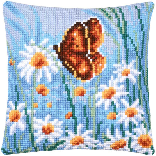 Butterfly and Flowers Printed Cross Stitch Cushion Kit by Vervaco - Blue