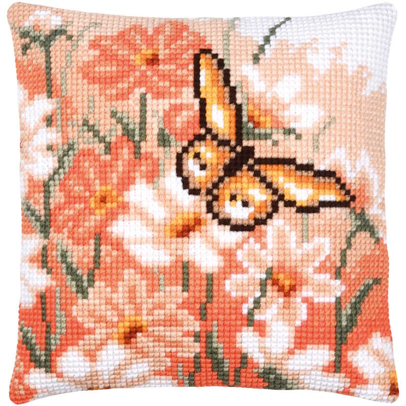 Butterfly and Flowers Printed Cross Stitch Cushion Kit by Vervaco - Orange