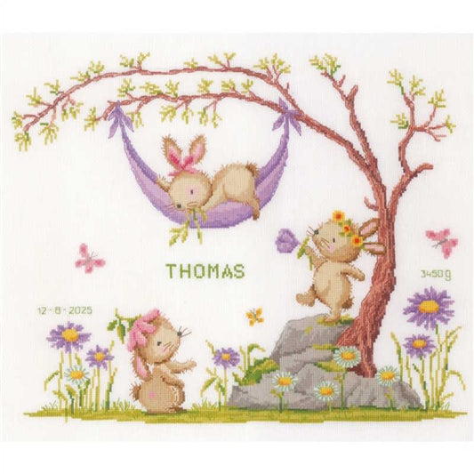 Garden Bunnies Birth Sampler Cross Stitch Kit By Vervaco