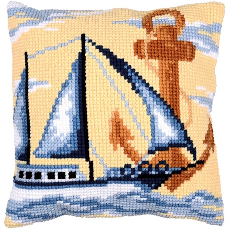 Sailboat Printed Cross Stitch Cushion Kit by Vervaco