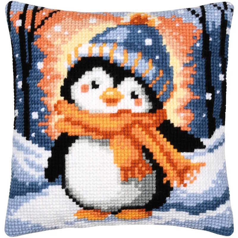 Chilly Little Penguin Printed Cross Stitch Cushion Kit by Vervaco