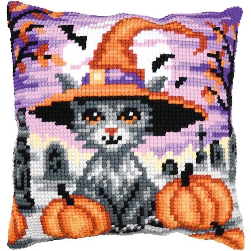 Halloween Kitten Printed Cross Stitch Cushion Kit by Vervaco