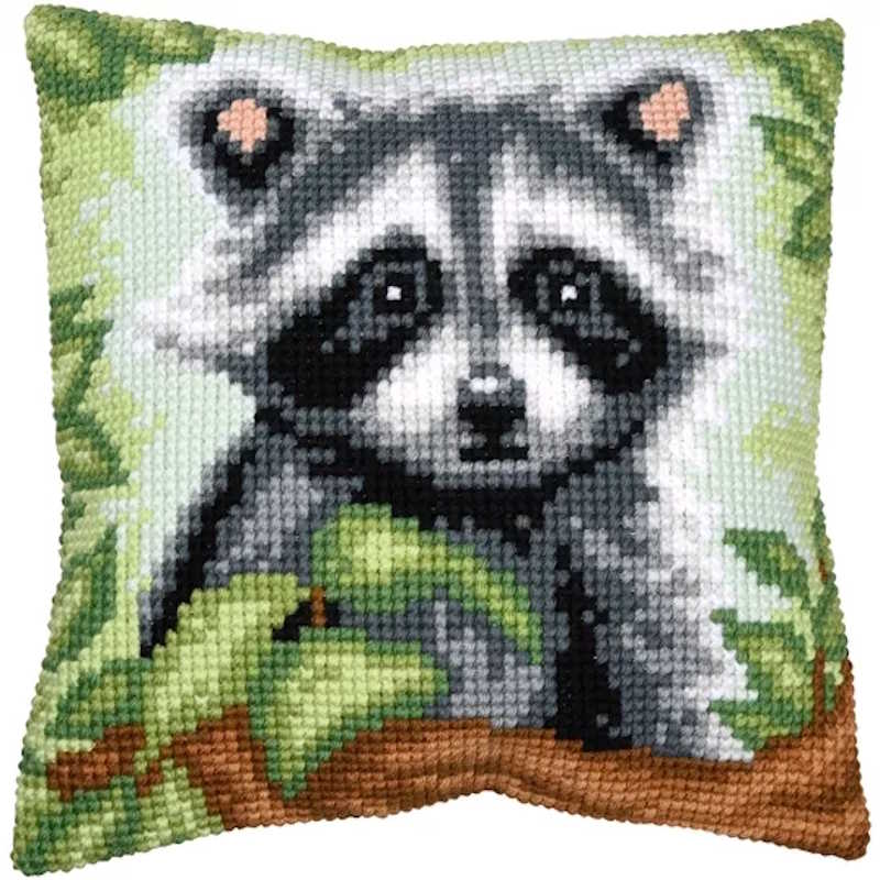 Racoon Printed Cross Stitch Cushion Kit by Vervaco