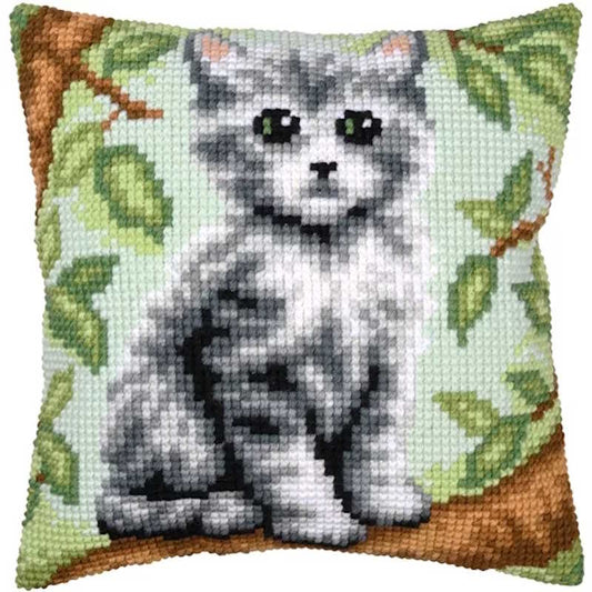 Kitten in Tree Printed Cross Stitch Cushion Kit by Vervaco