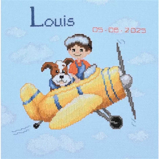 Yellow Airplane Birth Sampler Cross Stitch Kit By Vervaco