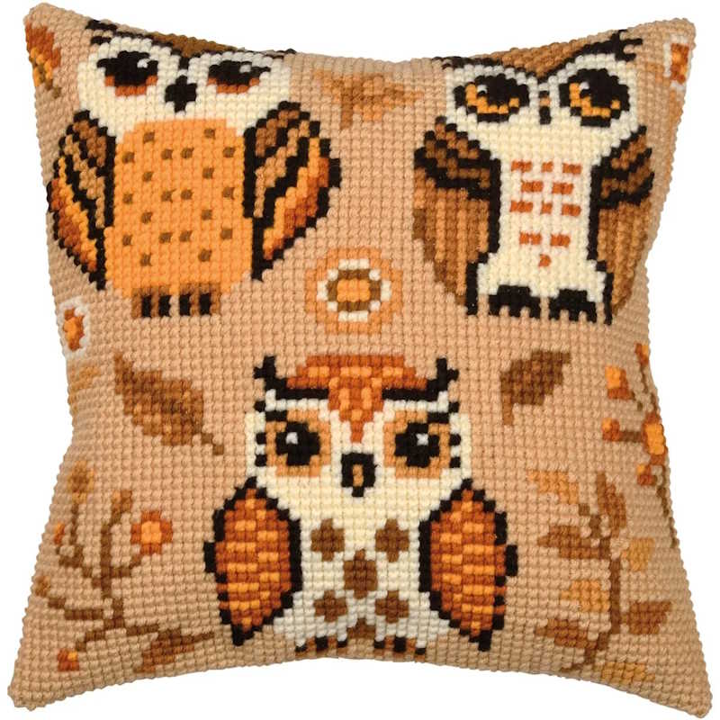 Autumn Owls Printed Cross Stitch Cushion Kit by Vervaco
