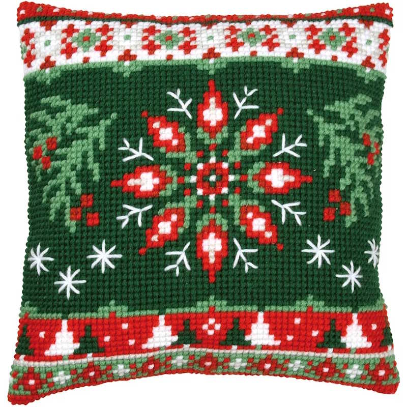 Nordic Evergreen Snowflake Printed Cross Stitch Cushion Kit by Vervaco
