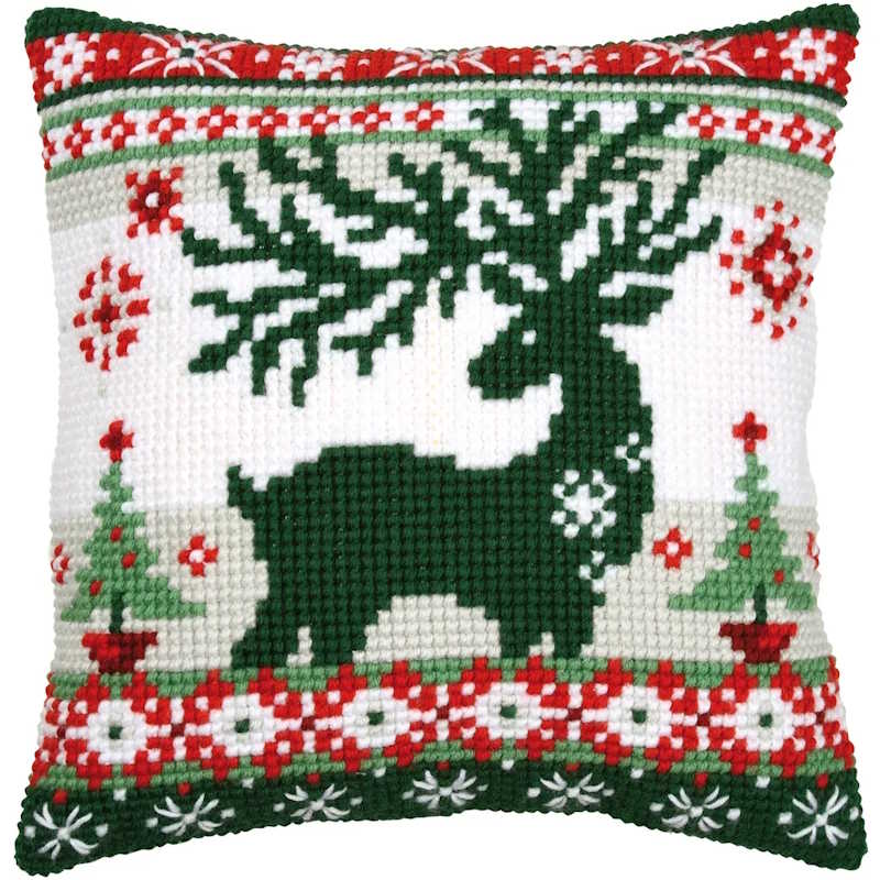 Nordic Evergreen Reindeer Printed Cross Stitch Cushion Kit by Vervaco