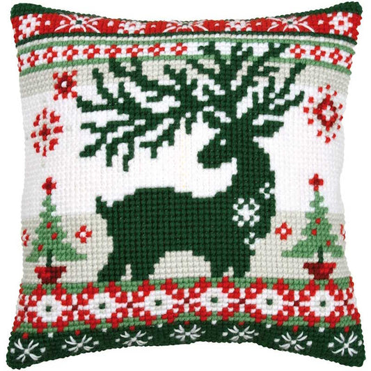 Nordic Evergreen Reindeer Printed Cross Stitch Cushion Kit by Vervaco