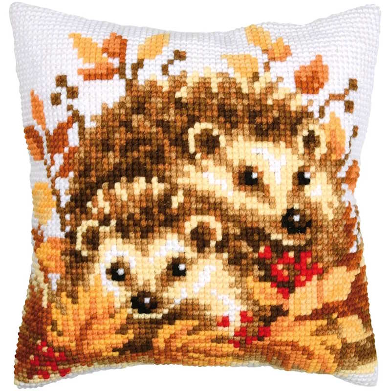 Autumn Hedgehogs Printed Cross Stitch Cushion Kit by Vervaco