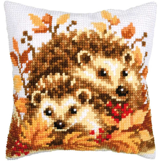 Autumn Hedgehogs Printed Cross Stitch Cushion Kit by Vervaco