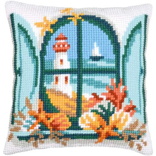 Seaview Printed Cross Stitch Cushion Kit by Vervaco