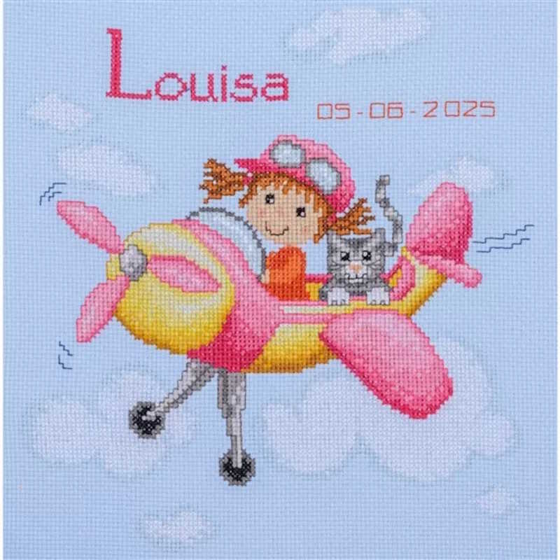 Pink Airplane Birth Sampler Cross Stitch Kit By Vervaco