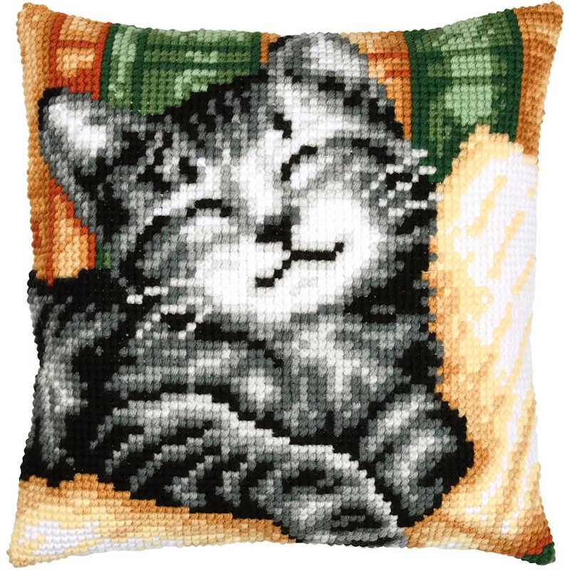Cat with a Book Printed Cross Stitch Cushion Kit by Vervaco