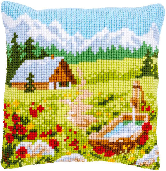 Mountain Meadow Printed Cross Stitch Cushion Kit by Vervaco