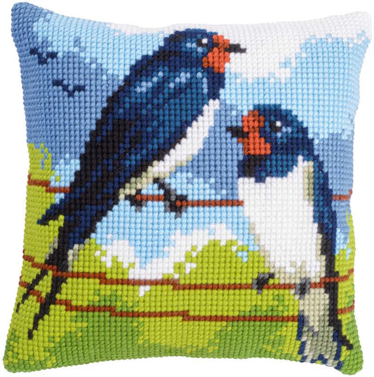Swallows Printed Cross Stitch Cushion Kit by Vervaco