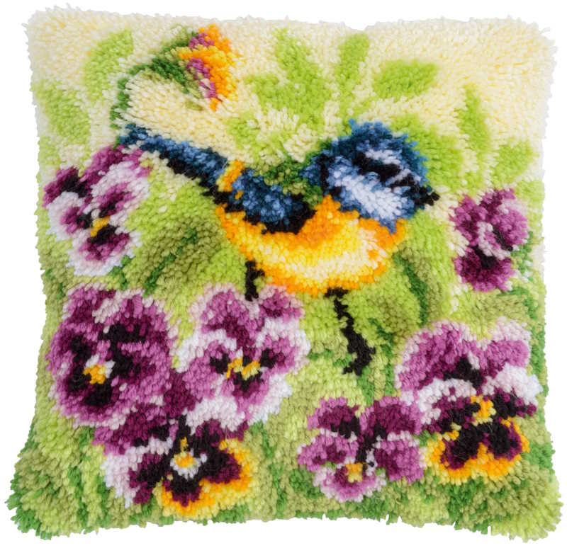 Blue Tit on Pansies Latch Hook Cushion Kit By Vervaco