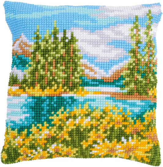 Landscape with Lake Printed Cross Stitch Cushion Kit by Vervaco