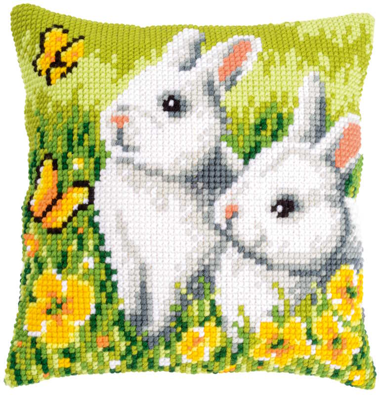 Rabbits and Butterflies Printed Cross Stitch Cushion Kit by Vervaco