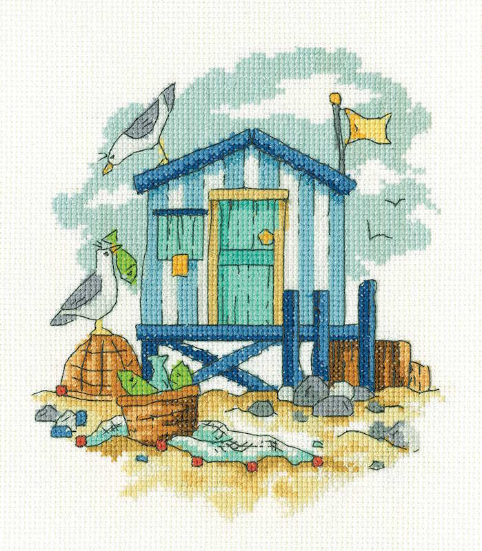 Blue Beach Hut Cross Stitch Kit by Heritage Crafts