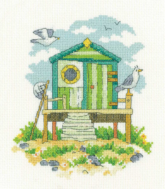 Green Beach Hut Cross Stitch Kit by Heritage Crafts