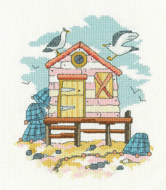 Pink Beach Hut Cross Stitch Kit by Heritage Crafts